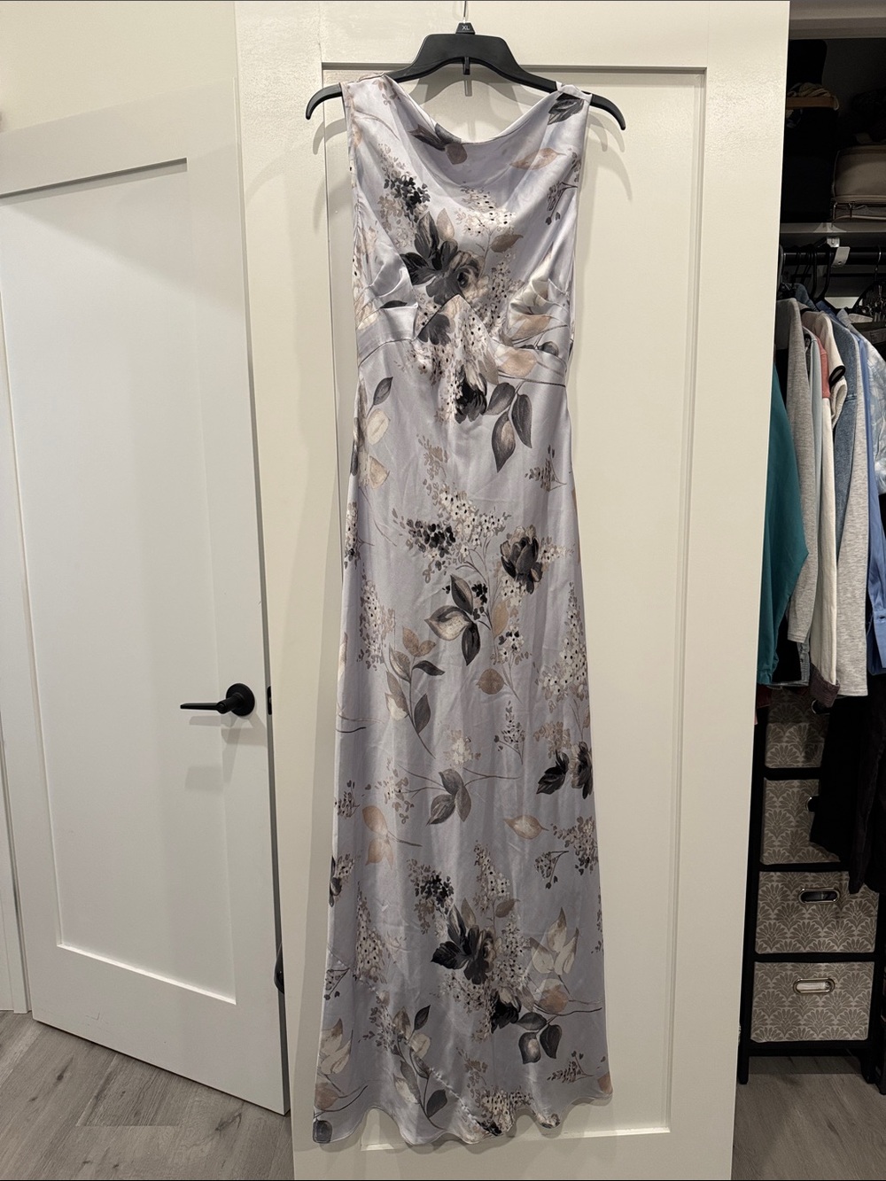 Silver Floral Satin Maxi Dress